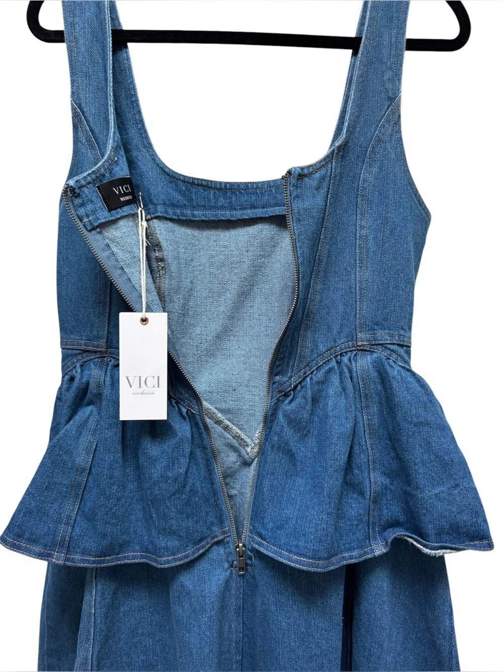 NEW Vici Denim Rose Peplum Rosette Mini Dress Cotton - Picture 5 of 8